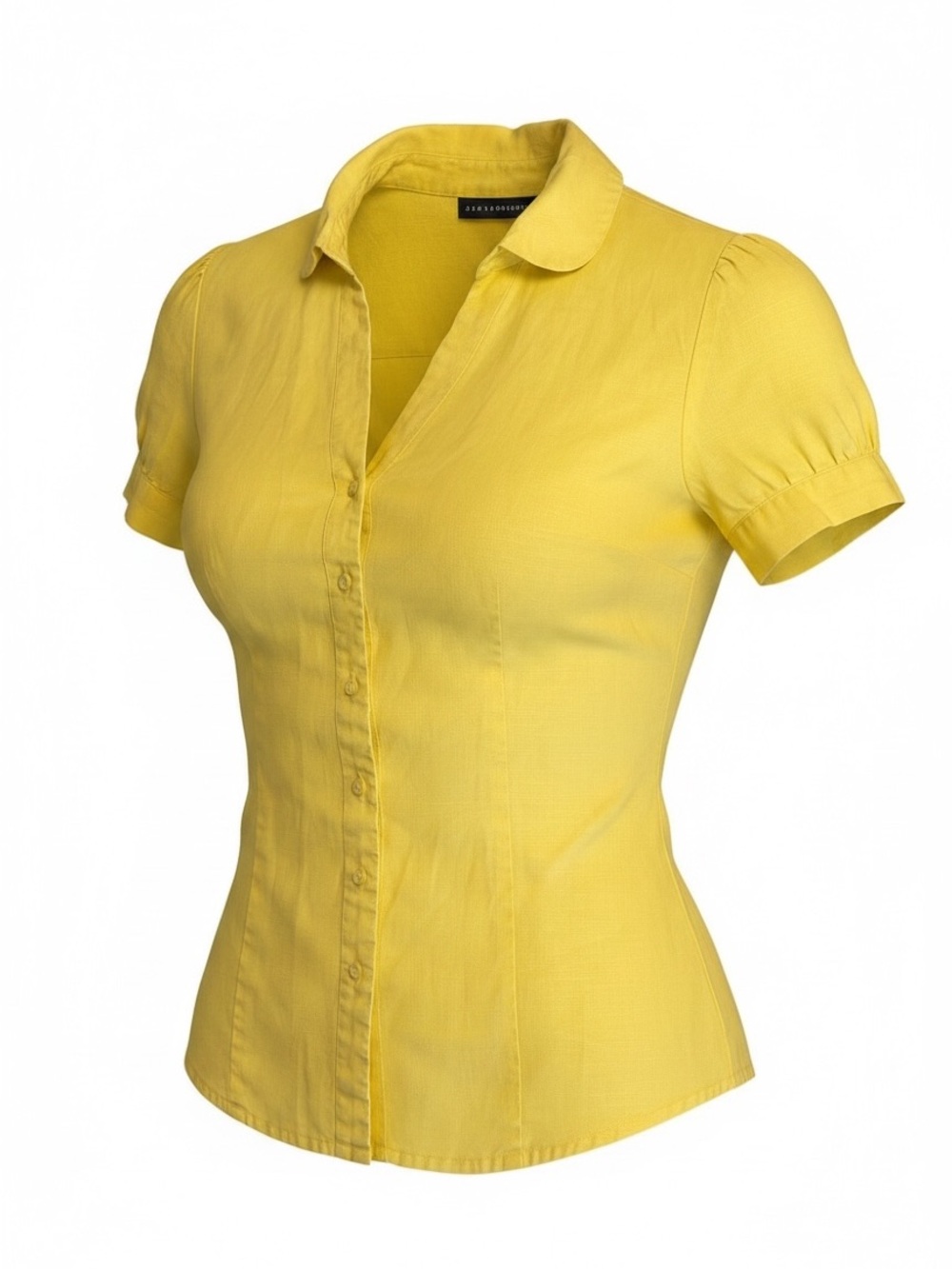 Grace Elements Yellow Linen Tailored Short-Sleeve Button-Down Shirt Puff Sleeve